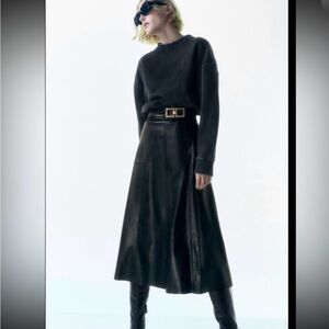 Black Zara Faux Leather Belted Midi Skirt